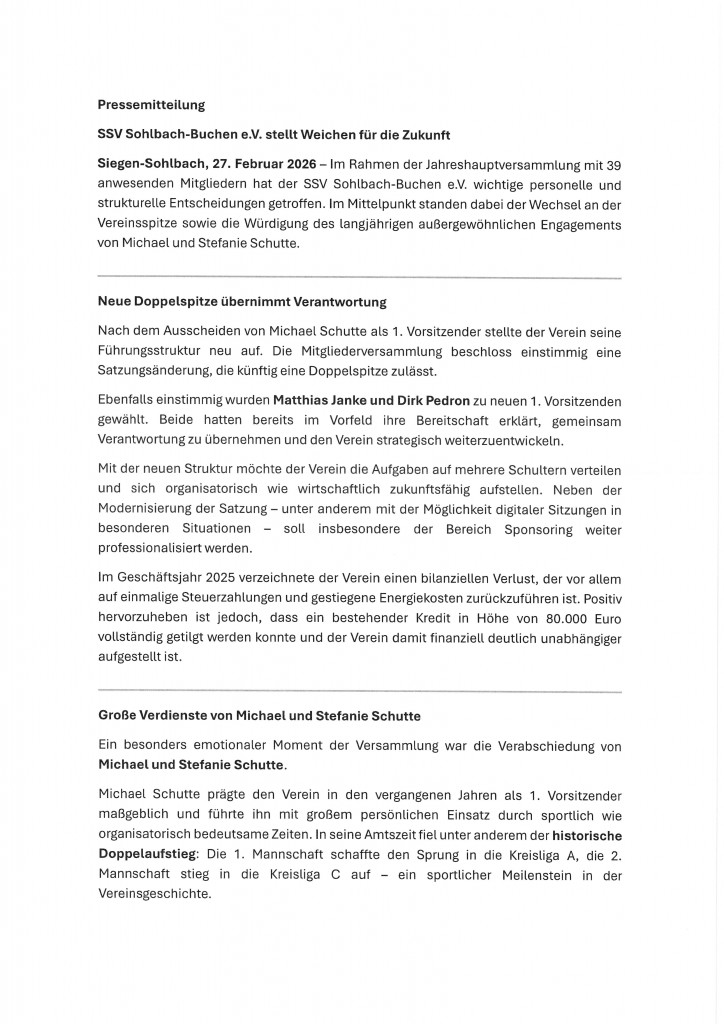 Pressemitteilung 1, SSV